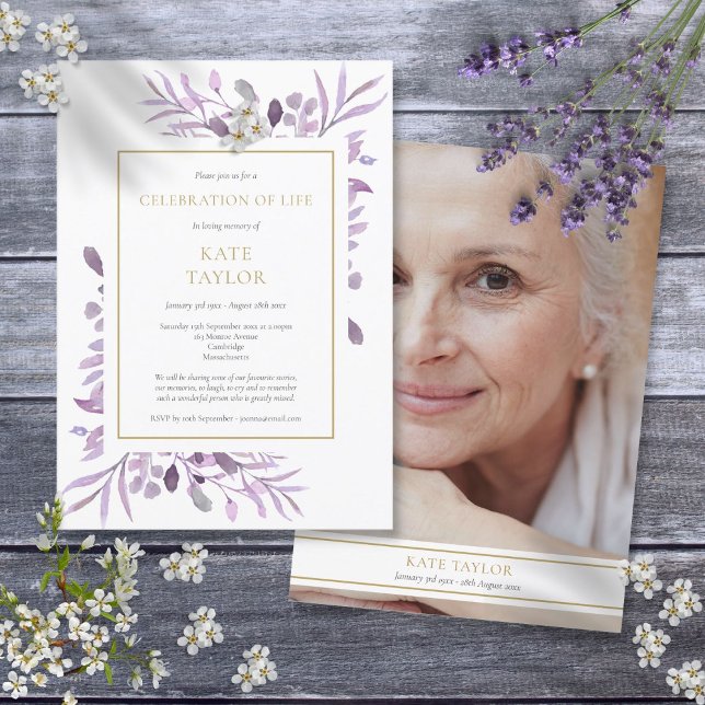 Convite Celebração de Vida com Folhagem Roxa Foto Funeral (Purple Foliage Funeral Celebration of Life Photo Invitation)