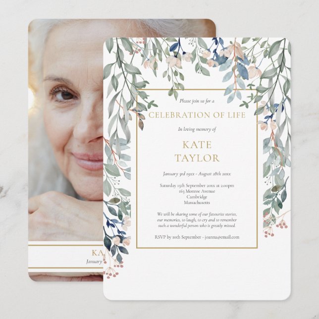 Convite Celebração de Vida com Foto de Folhagem Floral em  (Frente/Verso)