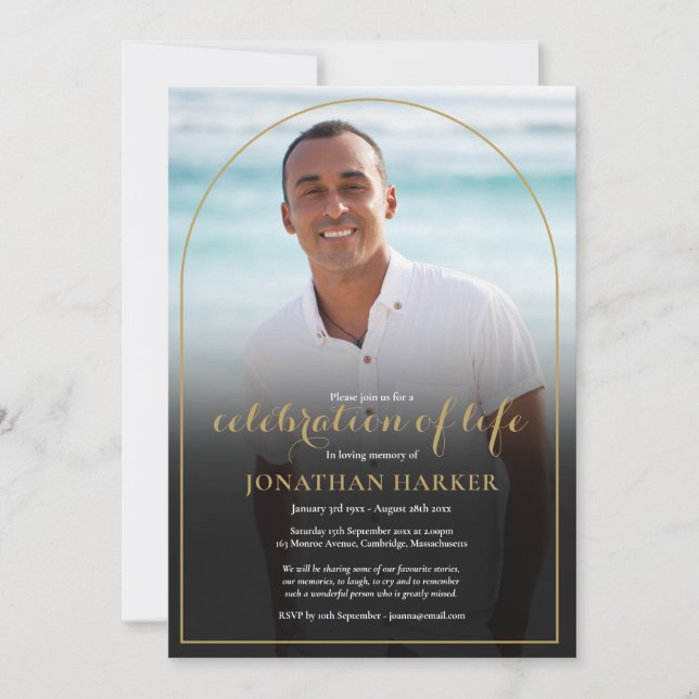 Convite Celebração de Vida com Foto de Funeral em Arco de  (Frente)