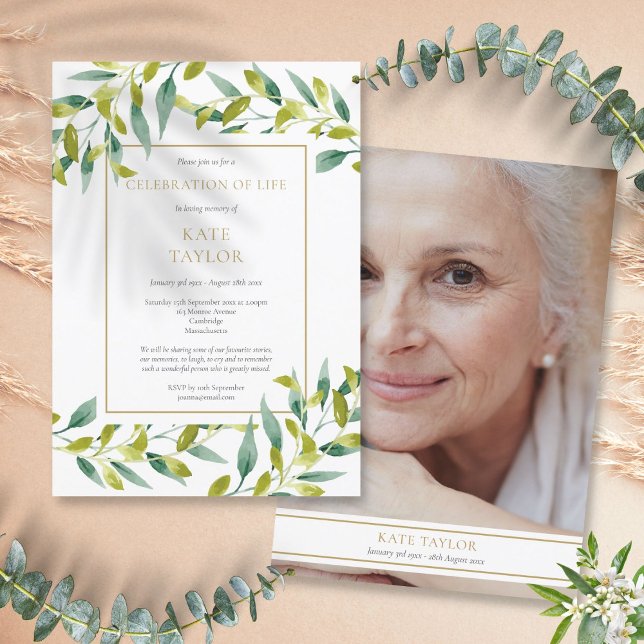 Convite Celebração de Vida com Foto de Verdejante Funeral (Greenery Photo Funeral Celebration of Life Invitation)