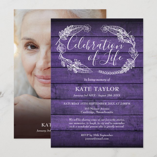 Convite Celebração de Vida com Foto em Madeira Roxa  (Frente/Verso)