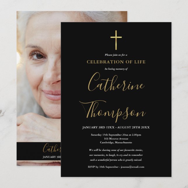 Convite Celebração de Vida com Foto Funeral Cruz de Ouro (Frente/Verso)