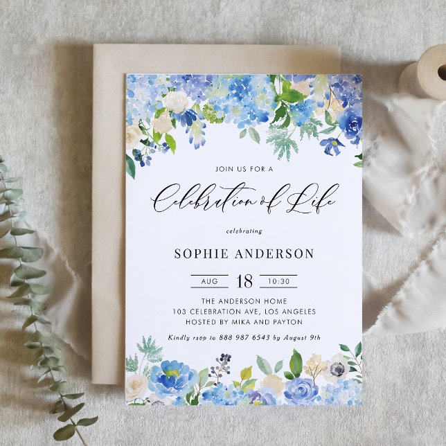 Convite Celebração de Vida com Hortênsia Azul e Rosa Marfi (Blue Hydrangea and Ivory Rose Watercolor Memorial Invitation with Greenery Accents)