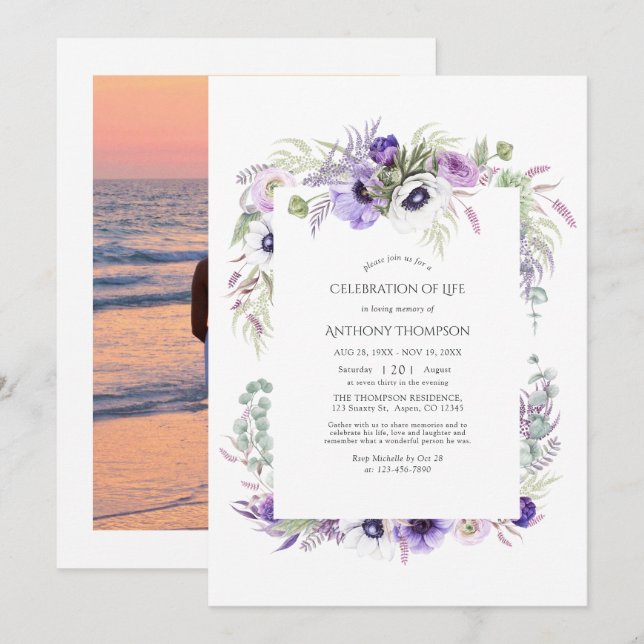 Convite Celebração de Vida em Floral Violeta Empoeirada (Frente/Verso)