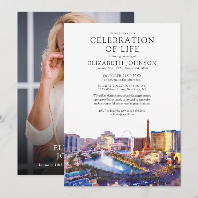 Convite Celebração de Vida em Las Vegas Foto de Funeral (Frente/Verso)
