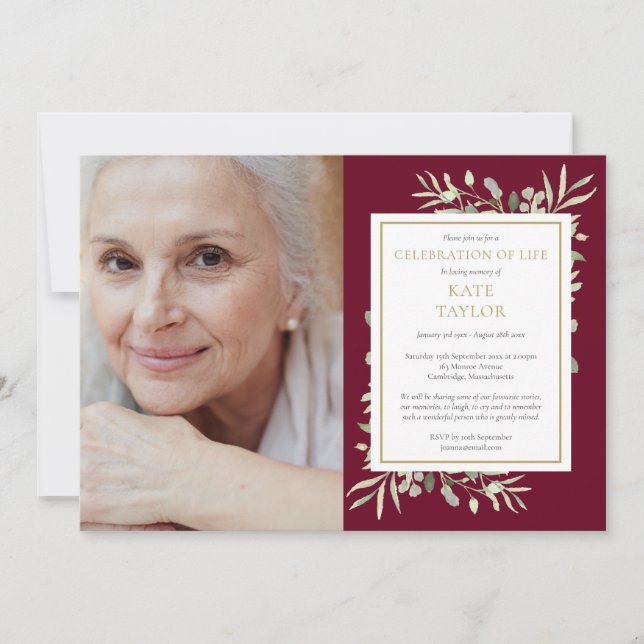 Convite Celebração de Vida em Verde Burgundy Foto (Frente)