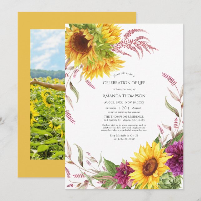 Convite Celebração de Vida Floral de Sol e Ameixa Borgonha (Frente/Verso)
