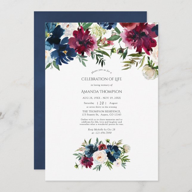 Convite Celebração de Vida Floral em Aquarela Bordo e Azul (Frente/Verso)