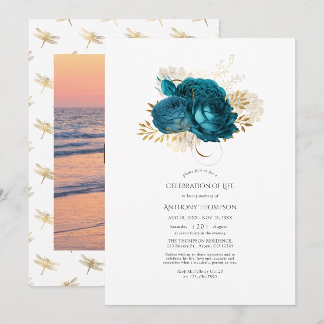 Convite Celebração de Vida Floral Turquesa e Dourado (Frente/Verso)