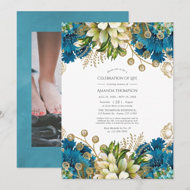 Convite Celebração de Vida Floral Turquesa e Dourado (Frente/Verso)