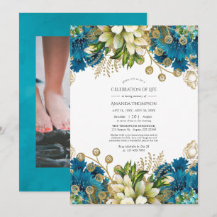 Convite Celebração de Vida Floral Turquesa e Dourado