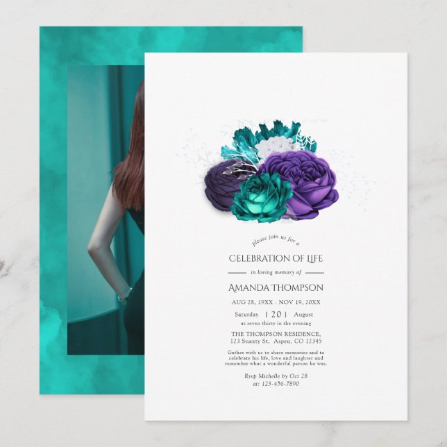 Convite Celebração de Vida Floral Violeta e Turquesa (Frente/Verso)