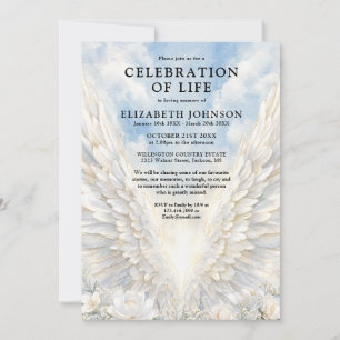 Convite Celebração de Vida Funeral Asas de Anjo Elegantes