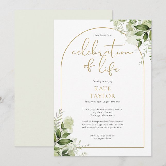 Convite Celebração de Vida Funeral com Arco de Ouro em Ver (Frente/Verso)