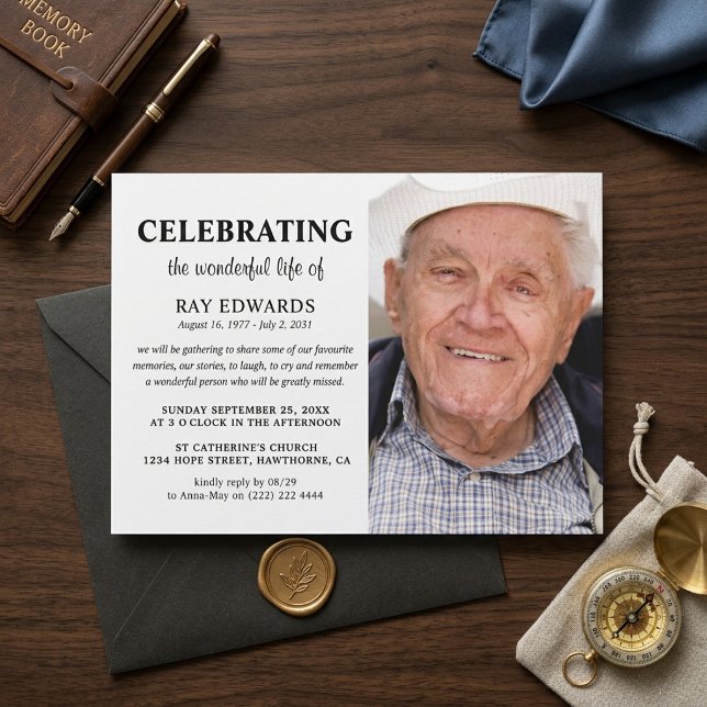 Convite Celebração de Vida Funeral com Foto Moderna e Limp (Criador carregado)