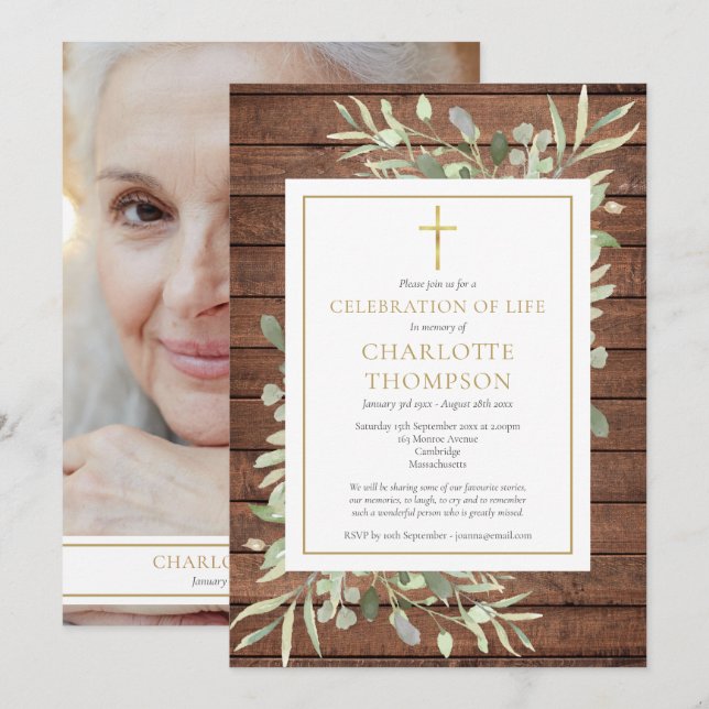 Convite Celebração de Vida Funeral com Fotografia de Veget (Frente/Verso)