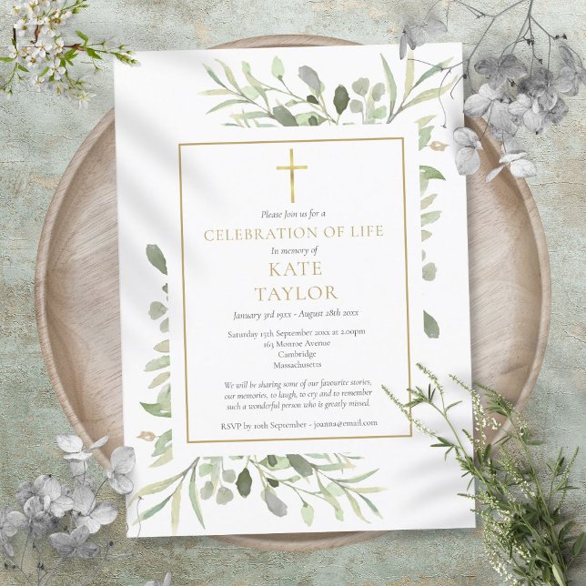Convite Celebração de Vida Funeral de Elegante Verde (Elegant Greenery Celebration of Life Funeral Invitation)