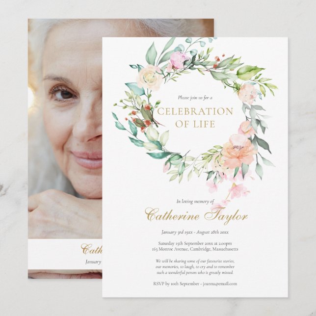 Convite Celebração de vida funeral de rosas florais (Frente/Verso)