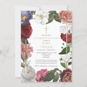 Convite Celebração de Vida Funeral Elegante Rosa Floral