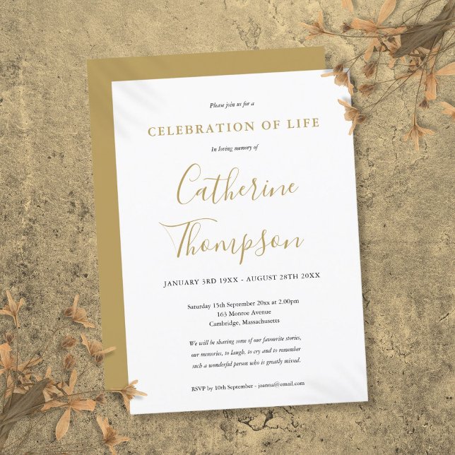 Convite Celebração de Vida Funeral em Letra Dourada (Gold Script Celebration Of Life Funeral Invitation)