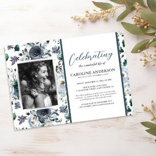 Convite Celebração de Vida Funeral Floral Aquarela Azul