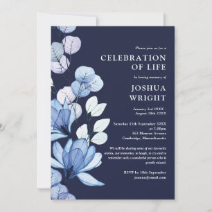 Convite Celebração de Vida Funeral Floral Azul Marinho