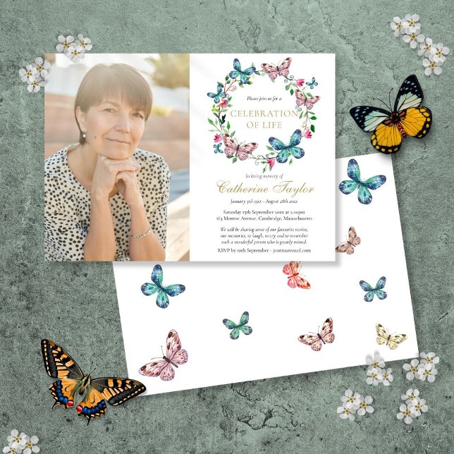 Convite Celebração de Vida Funeral Floral Borboleta Foto (Butterfly Floral Photo Celebration of Life Funeral Invitation)