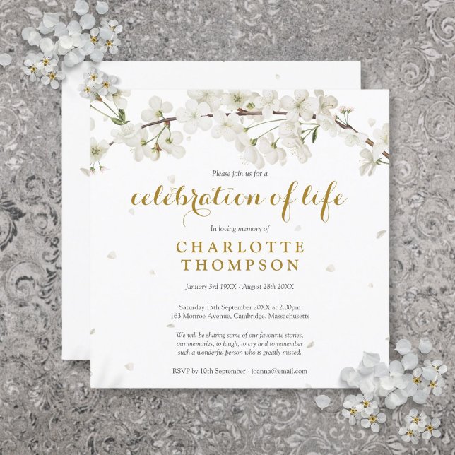 Convite Celebração de Vida Funeral Floral de Flor Branca (White Blossom Floral Funeral Celebration of Life Invitation)