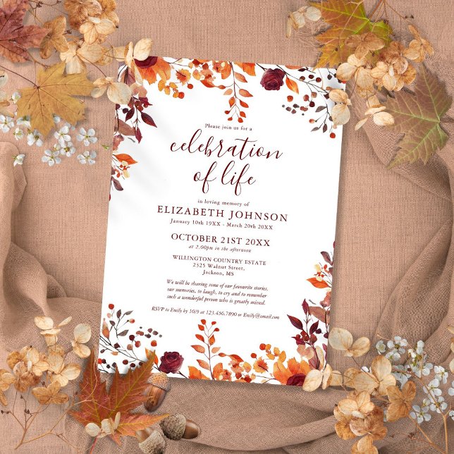 Convite Celebração de Vida Funeral Floral de Outono Rústic (Rustic Fall Floral Celebration Of Life Funeral Invitation)