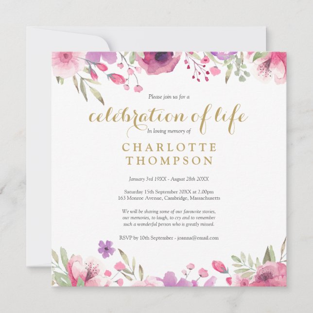 Convite Celebração de Vida Funeral Floral Gold Script (Frente)