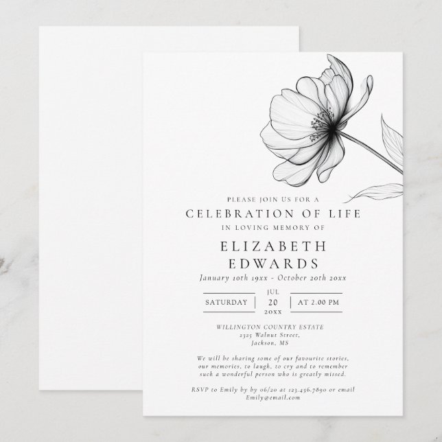 Convite Celebração de Vida Funeral Floral Minimalista (Frente/Verso)