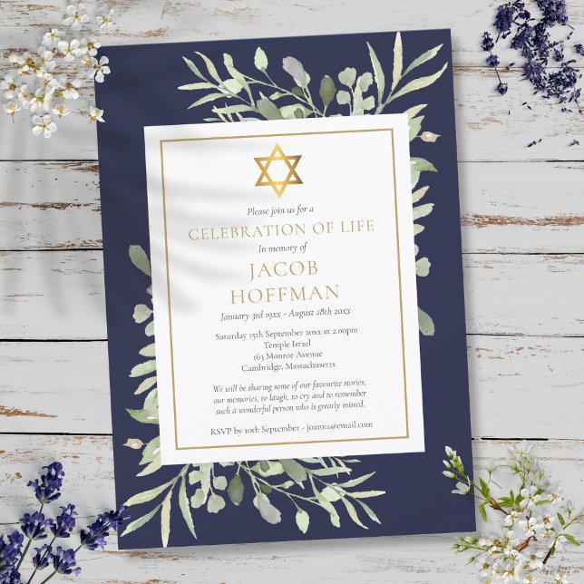 Convite Celebração de Vida Funeral Judaico Verde Azul (Jewish Funeral Celebration of Life Greenery Blue Invitation)