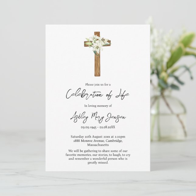 Convite Celebração de Vida Funeral Lily Cross (Em pé/Frente)