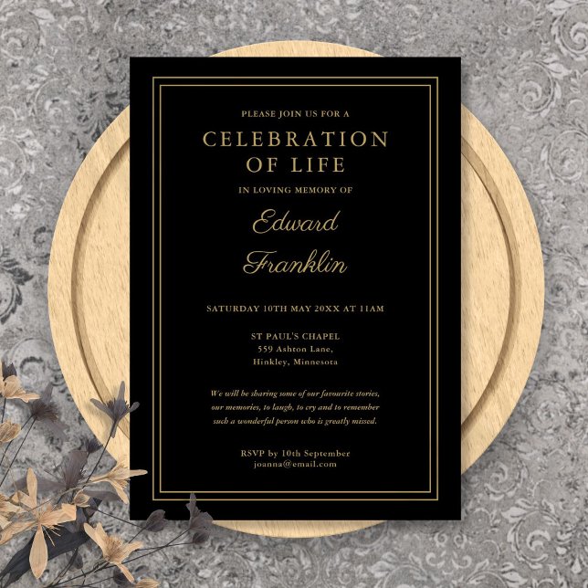Convite Celebração de Vida Funeral Preta e Dourada Elegant (Elegant Black And Gold Celebration Of Life Funeral Invitation)