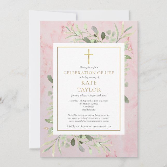 Convite Celebração de Vida Funeral Verdejante Rosa (Frente)