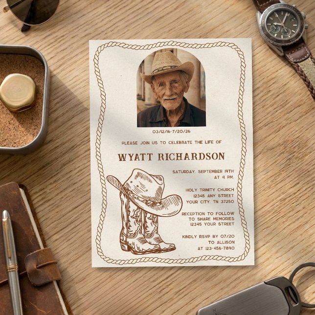 Convite Celebração de Vida Funerária Simples do Cowboy Wes (Criador carregado)