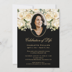 Convite Celebração de Vida Rosa de Marfim Preto Floral Fot