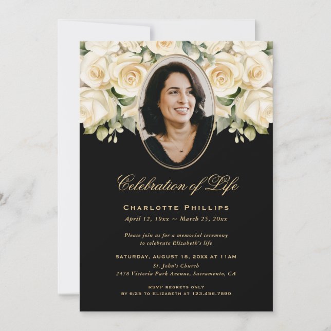 Convite Celebração de Vida Rosa de Marfim Preto Floral Fot (Frente)