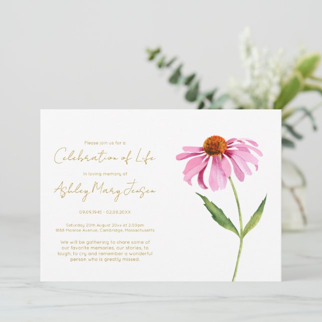 Convite Celebração de Vida Simples de Echinacea Funeral (Em pé/Frente)