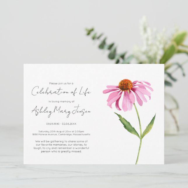 Convite Celebração de Vida Simples de Echinacea Funeral (Em pé/Frente)