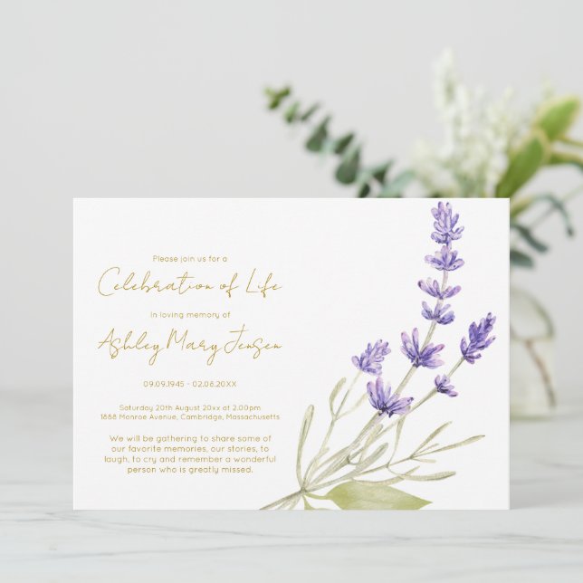 Convite Celebração de Vida Simples de Lavanda Funeral (Em pé/Frente)