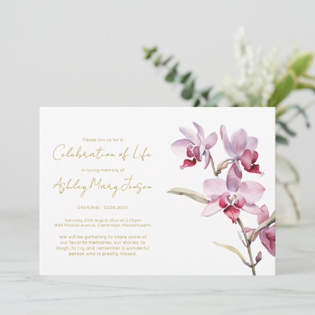 Convite Celebração de Vida Simples de Orquídea Funeral (Em pé/Frente)