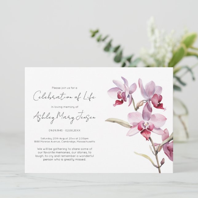 Convite Celebração de Vida Simples Orquídea Funeral (Em pé/Frente)