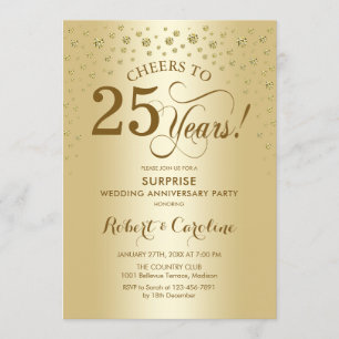 Convite Celebração do 25º Aniversário Surpresa em Dourado