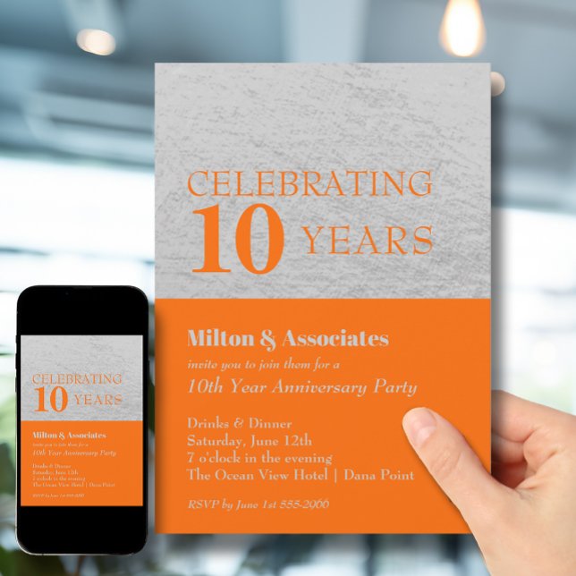 Convite Celebração do aniversário de negócios Orange Silve (Change to ANY YEAR. Order printed and instant download (great to email as a reminder.))