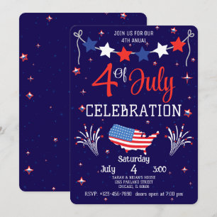 Convite Celebração do Dia 4 de Julho Vermelho Branco e Azu