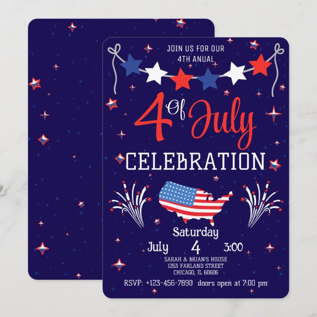 Convite Celebração do Dia 4 de Julho Vermelho Branco e Azu (Frente/Verso)