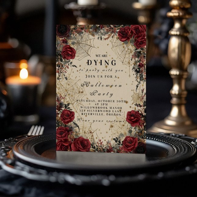 Convite Celebração do Dia das Bruxas Gótico Rosas Escuros (Criador carregado)