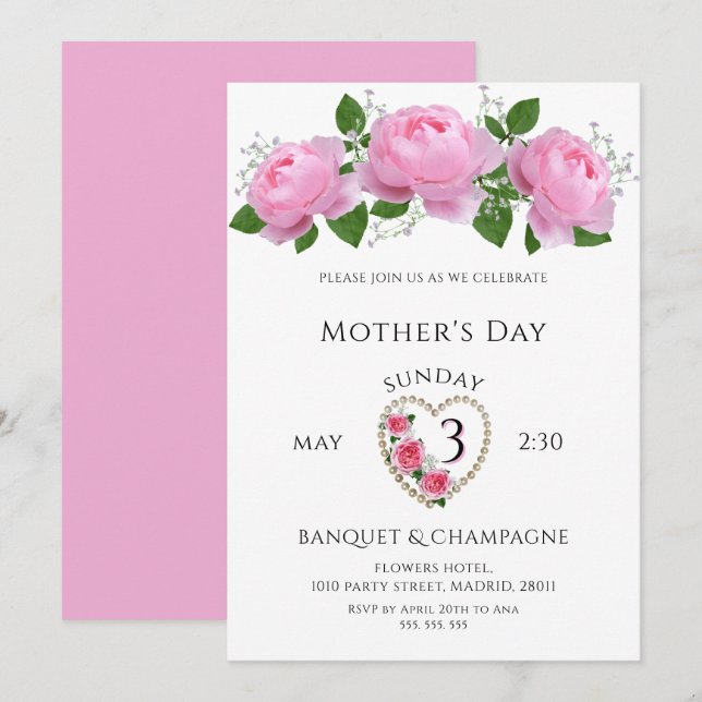 Convite Celebração do Dia das Mães com Rosas Bonitas (Frente/Verso)