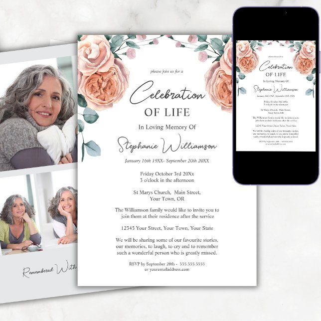 Convite Celebração do Funeral de Rosas de Pêssego Fotográf (Criador carregado)